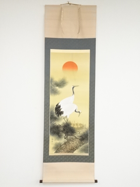 JAPANESE HANGING SCROLL / HAND PAINTED / PINE & CRANE